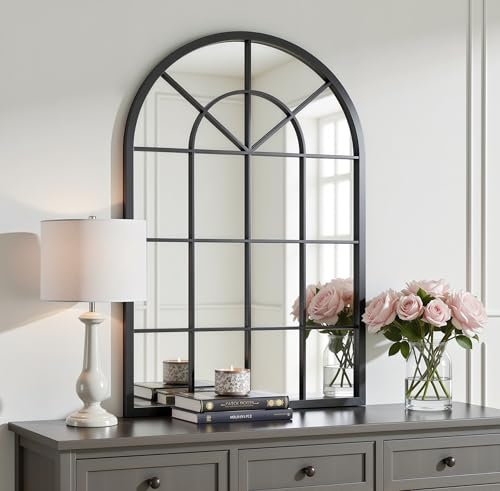 Image of Dewfig Arched Wall Mirror, 42 inchx30 inch Metal Frame Windowpane Mirror, Black