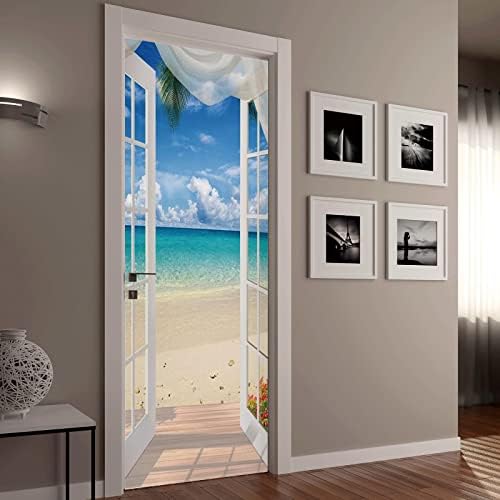 3D Door Mural Sticker for Interior Doors, Waterproof Self-Adhesive PVC Door Stickers Wall Decoration - Beach Scenery Door Poster Stickers for Bedrooms Living Room, 30.3"x78.7" (A-02)