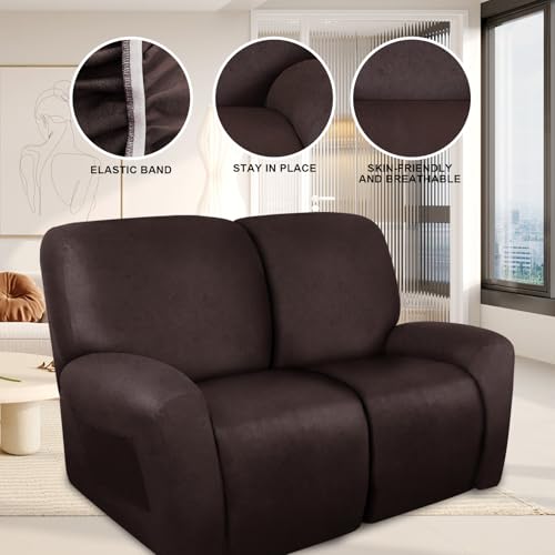 Image of ANARACHON Loveseat Recliner Cover Leather Look Recliner Loveseat Covers Recliner Sofa Cover for 2 Seater Reclining Couch Spandex Fabric Washable 6 Pieces (2 Seater, 01 Chocolate)