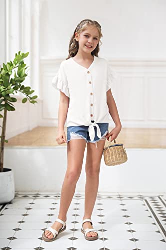 Girls Ruffle Short Sleeve Shirts V Neck Tie Front Knot Tops Button Cute Tunic Shirts Blouse4
