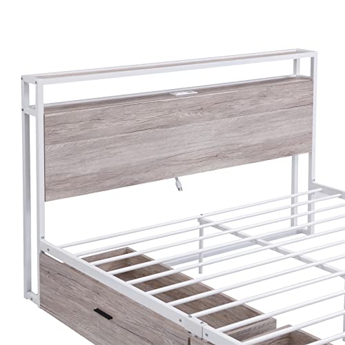 Queen Metal Bed Frame With 2 Storage Drawers And Usb Ports Queen Size Platform Bed 2-Tier Storage Wooden Headboard And Charging Station, Noise-Free, No Box Spring Needed, White #TOP4