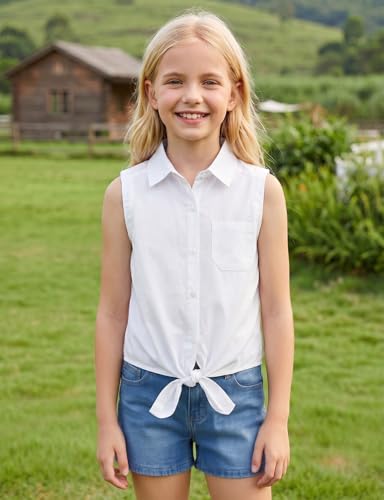 Image of Noomelfish Girls Sleeveless Button Down Shirt Tie Knot Blouse Western Cowgirl Outfit (5-12 Years)