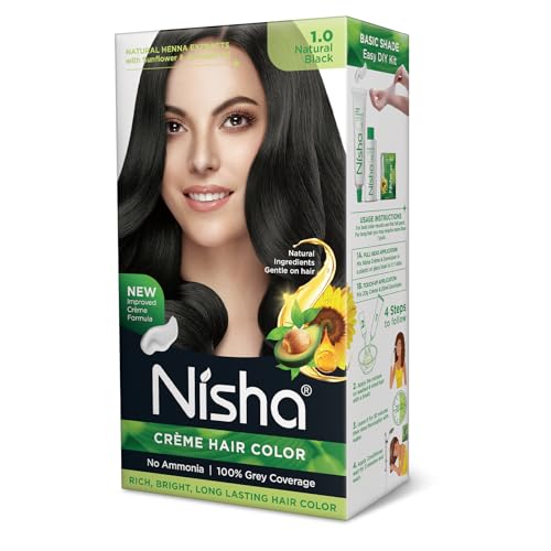 Nisha Creme Hair Color for Women - Natural Black, 60g+60ml, Long-lasting, 100% Grey Coverage Permanent Hair Colour for Soft, Shiny, Healthy Hair