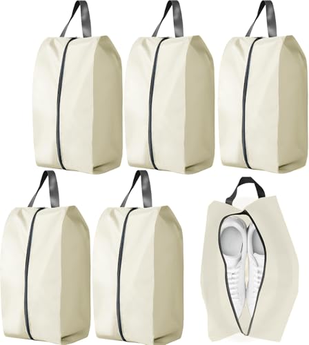 CJWLKJ 5Pcs Large Travel Shoe Bags Portable Travel Gifts Shoe Organizer with Zipper Closure, Waterproof Nylon Shoe Storage Organizer with Handle Travel Bags for Men and Women, Beige