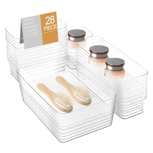Sprifity 28 Piezas Organizadores de Cajones de Plástico Transparente,con 4 tamaños Separadores Cajones de Escritorio,bandeja organizadora de cajones antideslizante para baño,tocador,cocina y oficina