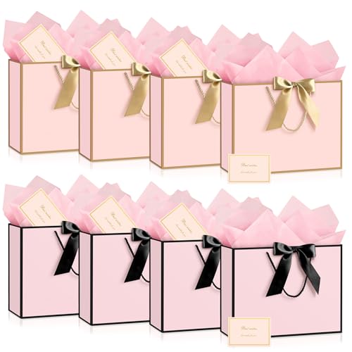 Image of JMANNI Gift Bags with Handles, 13 inch Medium Gift Bag for Presents, 8 Pcs Bags with 16 Tissue Paper and 8 Cards for Baby Shower Wedding Bridal Shower Mother's Day Birthday Party(pink-black)