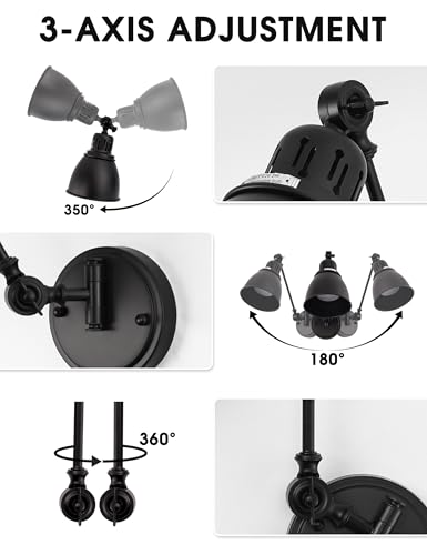 Image of DORESshop Wall Sconces Set of 2, Rechargeable Wall Lights with 350 Rotation, Dimmable Battery Operated Wall Sconce, Wireless Wall Mount Light for Bedroom, Living Room(2 Pack Black)