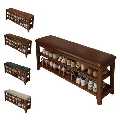 Height-Adjustable Solid Wood Shoe Rack Storage Bench with Cushion, Entryway