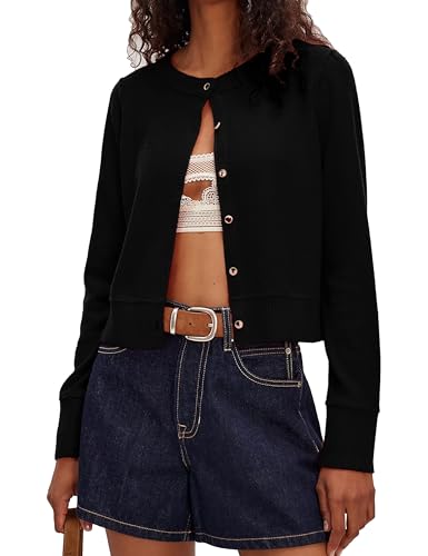 LTSCNRM Women's Lightweight Ribbed Soft Knit Round Neck Cardigan Sweater Classic Open Front Jacket with Buttons Casual