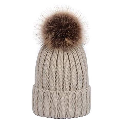 ASWER Unisex Knitted Winter Slouchy Beanie Hat with Faux Fur Pom Pom Bobble Cap Beige Cover
