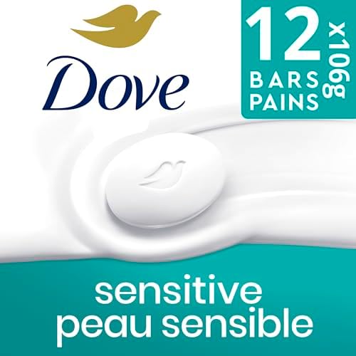 Dove Beauty Bar More Moisturizing Than Bar Soap for Softer Skin, Fragrance Free, Hypoallergenic Sensitive Skin With Gentle Cleanser 106 g 12 count