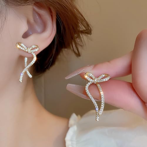 Gold Sparkly Rhinestone Bow Earrings for Women, Long Chain Bowknot Tassel Drop Dangle Earrings Jewelry for Gifts Party,Trendy Crystal Studs Earrings (Gold) by Rrdaily - Used condition - Image 8