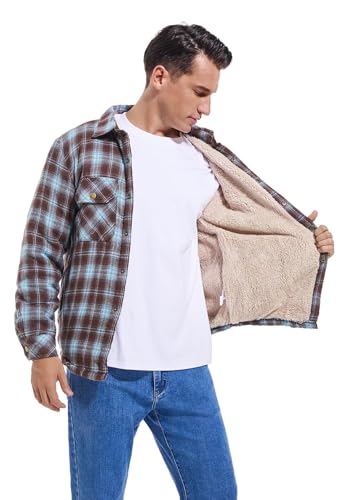 Image of Men's Sherpa Cotton Flannel Shirt Jacket Plaid Button Coat Pocket