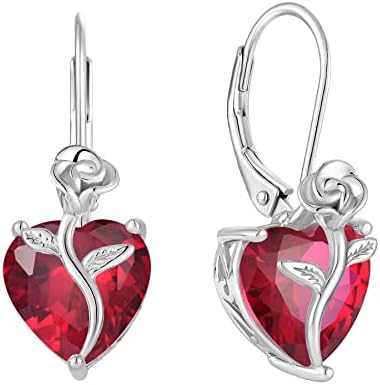 FJ Leverback Dangle Drop Earrings for Women 925 Sterling Silver Birthstone Earrings with Rose Flower Jewellery Gifts for Wife Girlfriend Mother Daughter