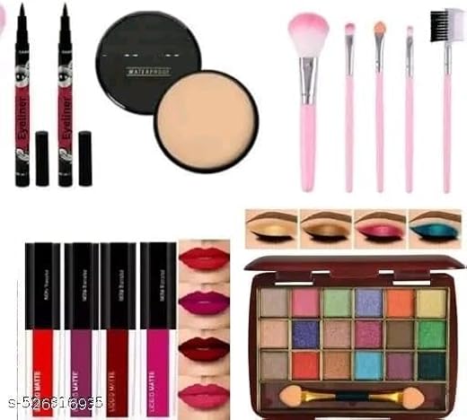 Professional Makeup Kit with 18 Color Eyeshadow Palette, Liquid Lipsticks, Compact Powder, Pink Makeup Brushes Set for Com...