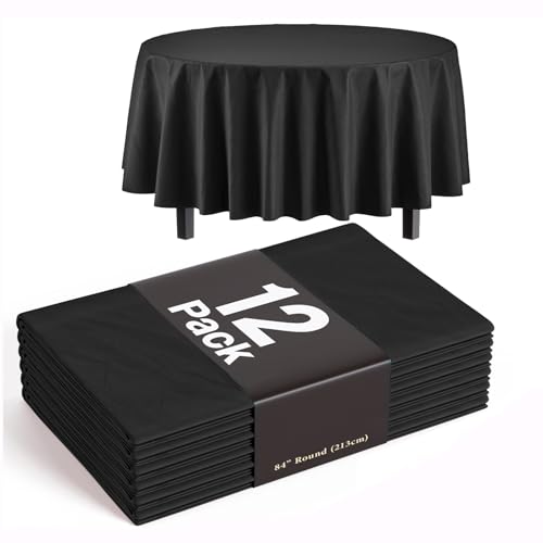 Exquisite 12 Pack Round Plastic Tablecloth Disposable 84 Inch Heavy Duty Waterproof Table Covers, Fits 72 Inch Round Tables for Party, Wedding, Graduation, Picnic, Black by Exquisite - Used condition - US$15.83