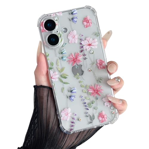 DEFBSC Soft Case Compatible with iPhone 17, Clear Floral Flower Pattern Print Design Flexible TPU Shockproof Cover for Women Girls, Flower Protective Phone Case, Pink Cosmos