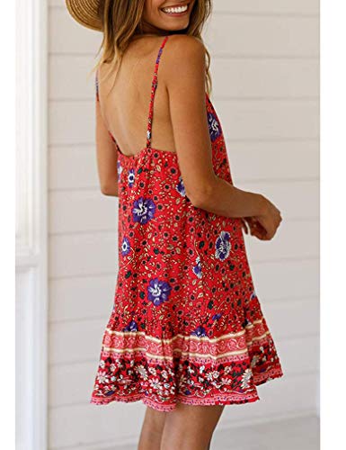 Women's Floral Printed Sundress,Spaghetti Strap V Neck Ruffle A Line Swing Beach Short Dress Red M #TOP5