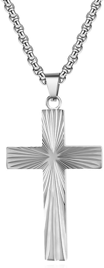Men Cross Necklace,Stainless Steel Silver/Gold/Black Hip-Pop Pendant Necklace Jewelry，60cm Rolo Chain