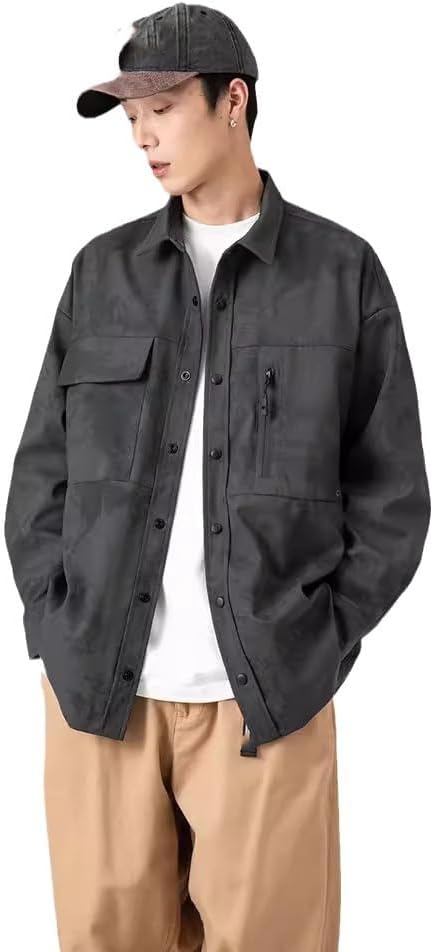 Men's Casual Cotton Work Shirt, Loose Fit Vintage Long Sleeve Utility Top, Fall for Daily Work Travel