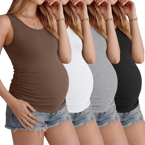 Ficerd Lot de 4 Débardeurs de Grossesse Femme sans Manches Fronces Côtés Col Rond Confort Été Casual Basiques(Noir, Blanc, Gris chiné Clair, Café,L)