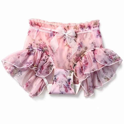 Image of EELULYZ Women's High-Waisted Briefs, Floral Print, Large Ruffled Lace Trim, Breathable, Full-Coverage, Plus Size Panties (UK, Alpha, M, L, Regular, Regular, Pink)