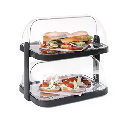 HENDI Buffet-Vitrine, doppelt, mit Tabletts und Kühlelemente, transparenter Rolltop Deckel, Kühldisplay, Kühlvitrine, Buffet-Server, 440x320x(H)440mm, Edelstahl, ABS, SAN, Schwarz