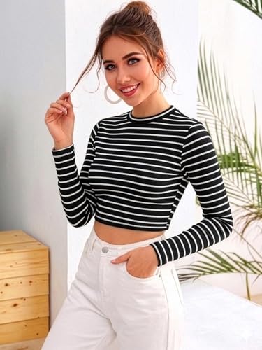 Image of Aahwan Women's 100% Cotton Slim Fit Striped Full Sleeve Crop Top