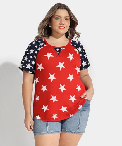 Image of CARCOS Plus Size Tops for Women Short Sleeve Shirt Summer Star /Leopard /Tie Dye /Flower Crewneck Pullover Tunic XL-5XL