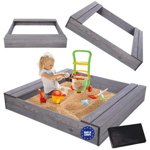 MODO24 Sandkasten mit Sitzbänken, Holzsandkasten, Gartenspielzeug für Kinder, Sandkasten für Garten, Outdoor Sandkasten mit Bänken, Abmessungen 120x117 cm, Farbe: Grau (imprägniert)
