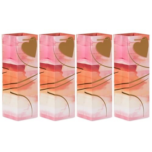 Hallmark Bolsas para botellas del día de San Valentín (4 bolsas con etiquetas de regalo de corazón dorado) melocotón, rosa, acuarela morada