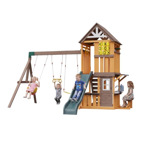 SunSwell Wooden Swing Sets for Backyard- Outdoor Playset with 7 FT Wave Slide, 3 Swings, Play Kitchen, Toy Telescope, Steering Wheel, Tic-Tac-Toe, Balconies, Outdoor Playground Set for Backyard