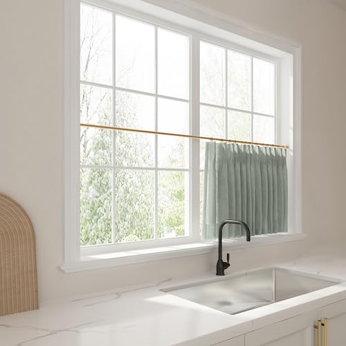 Image of TWOPAGES 26 inch inch W x 18 inch inch L Linen Blend Cafe Curtains for Kitchen Window, Light Filtering Pinch Pleated Tier Curtains, Modern Farmhouse Half Window Curtains for Small Window, Aqua, 2 Panels