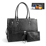 Gugxiom Tote Laptop Bag with Insulated Lunch Compartment, 15.6" PU Work Lunch Bag Women with Small Purse & Shoulder Strap (Black)