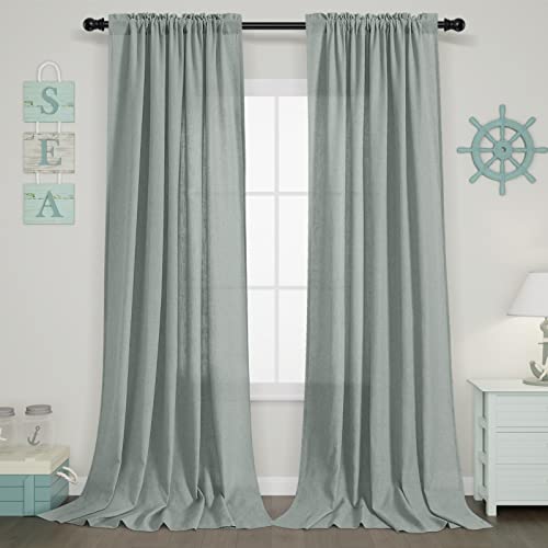 Coastal Curtains For Living Room 90 Inches Long Linen Textured Semi Sheer Sea Mint Green Teal Gray Window Curtains Beach Nautical Theme Rod Pocket Aqua Linen Curtains For Bedroom 90 Inch Length #TOP11