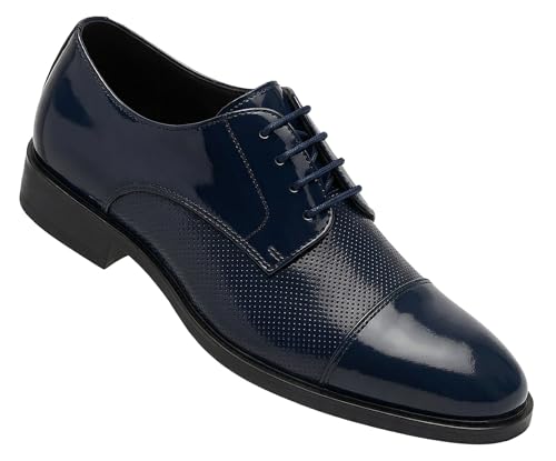 Image of Boys Dotted Derby Patent Lace Up Navy Blue Dress Shoes Formal Wedding Prom Footwear Size Youth 6.5