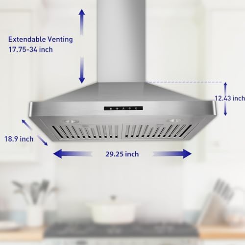 VESTA Milan 30 Inches 800CFM Stainless Steel European Style Wall Mount Range Hood With LED Lights Touch Screen Round Front Edges - 4