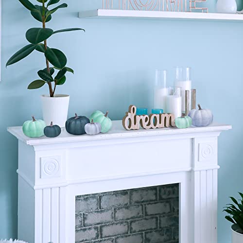 12 Pcs Assorted Small Rustic Harvest Artificial Pumpkins Decorative Pumpkins Foam Pumpkins in Green Blue Gray for Fall Autumn Halloween Thanksgiving Table Centerpiece Mantel Shelf Kitchen Decor