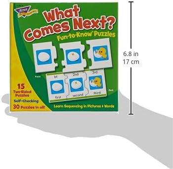 Trend Enterprises: Fun-to-Know Puzzles: What Comes Next? Learn Sequencing in Pictures & Words, 15 Three-Piece Two-Sided Puzzles, Self-Checking, 30 Puzzles Total, for Ages 4 and Up