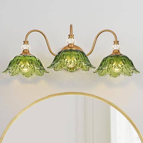 Image of Vintage Bathroom Vanity Light, 3-Light Matte Brass Finish Vanity Light with Floral Green Glass Shades, Retro Wall Sconce for Bathroom, Dressing Table