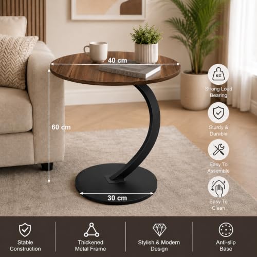 Image of KRISHYAM Modern C-Shaped Side Table with Wooden Round Top & Metal Base | Sofa End Table for Living Room, Bedroom & Office | Walnut Finish Top with Black Metal Stand