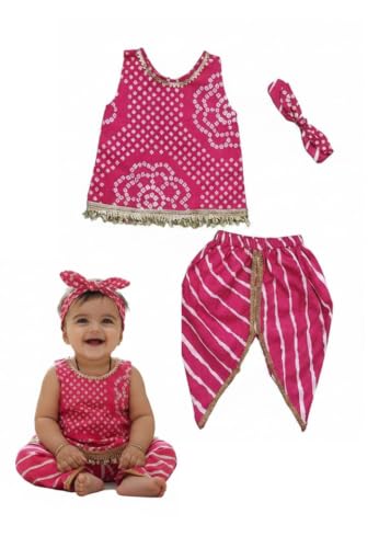 Image of The Root And Craft Kids Birthday Photoshoot Outfit Dress Girls Bandhani printed Top With Dhoti pant & Hairband Born Baby Photography Photoshoot Props(0to 18 Month)