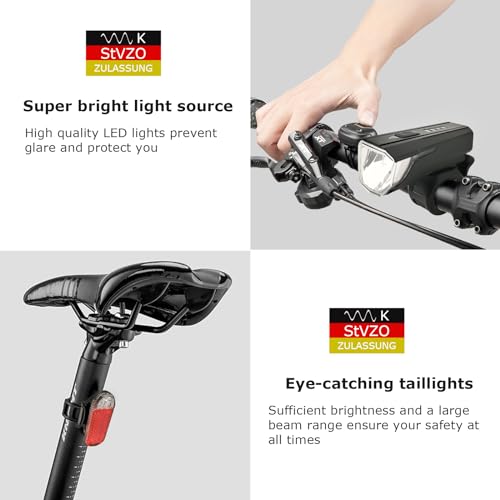 LOUIKAY Zestaw świateł rowerowych LED, dopuszczone do ruchu drogowego, oświetlenie rowerowe, ładowane przez USB, wodoszczelne, zestaw lamp rowerowych z przednimi i tylnymi światłami dla dzieci i