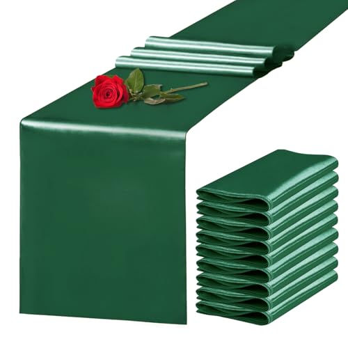 Yblut 10 Pack Satin Table Runner 12 x 108 Inch Long Dark Green Silk Table Runner for Wedding Party Banquet Birthday Decoration