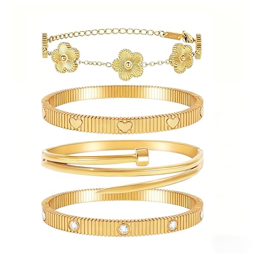 Stackable Gold Bracelets for Women - 4 Sets, 18K Gold Plated Bracelets, Stainless Steel Bangle Bracelets Non-Tarnish, Stylish Gold Jewelry Ensemble, Valentine's Day, Birthday and Christmas Jewelry Gifts by JINDETAI - Used condition - US$15.25
