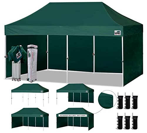 Image of Eurmax USA 10x20 Pop Up Canopy Tent,Commercial Tent with Patented No-Tip Rolling Bag,4 Zippered Removable Walls,UV & Water Resistant Canopy Top,Heavy Duty Outdoor Gazebo,Instant Shelter(Forest Green)