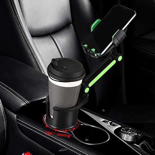 Car Cup Holder With Cellphone Holder Mount Adjustable Cup Holder Expander 2 In 1 Multifunctional Car Cup Holder Organizer Phone Mount With Universal 360 Degree Rotation Base Black Green (Small) #TOP5