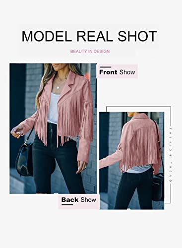 Lafouram Women's Fringe Jacket Suede Faux Leather Motorcycle Crop Tops Western Outfit For Cowgirl Light Pink Medium #TOP3