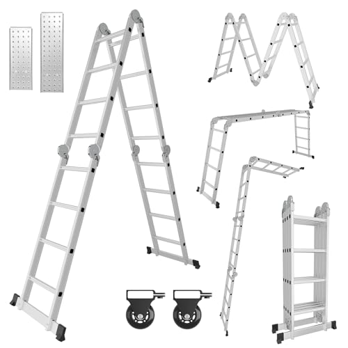 Yakimz Échelle multifonctionnelle 4 x 4 échelons, multifonction, avec plate-forme et roulettes, en aluminium, 4,70 m, échelle pliante 7 en 1, 16 échelons