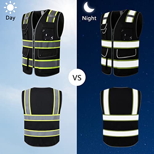 Kazsaifo High Visibility Safety Vest With Reflective Strips 9 Pockets Hi-Vis Construction Vest Meets Ansi/Isea Standards (Kzd-Black, L) #TOP5